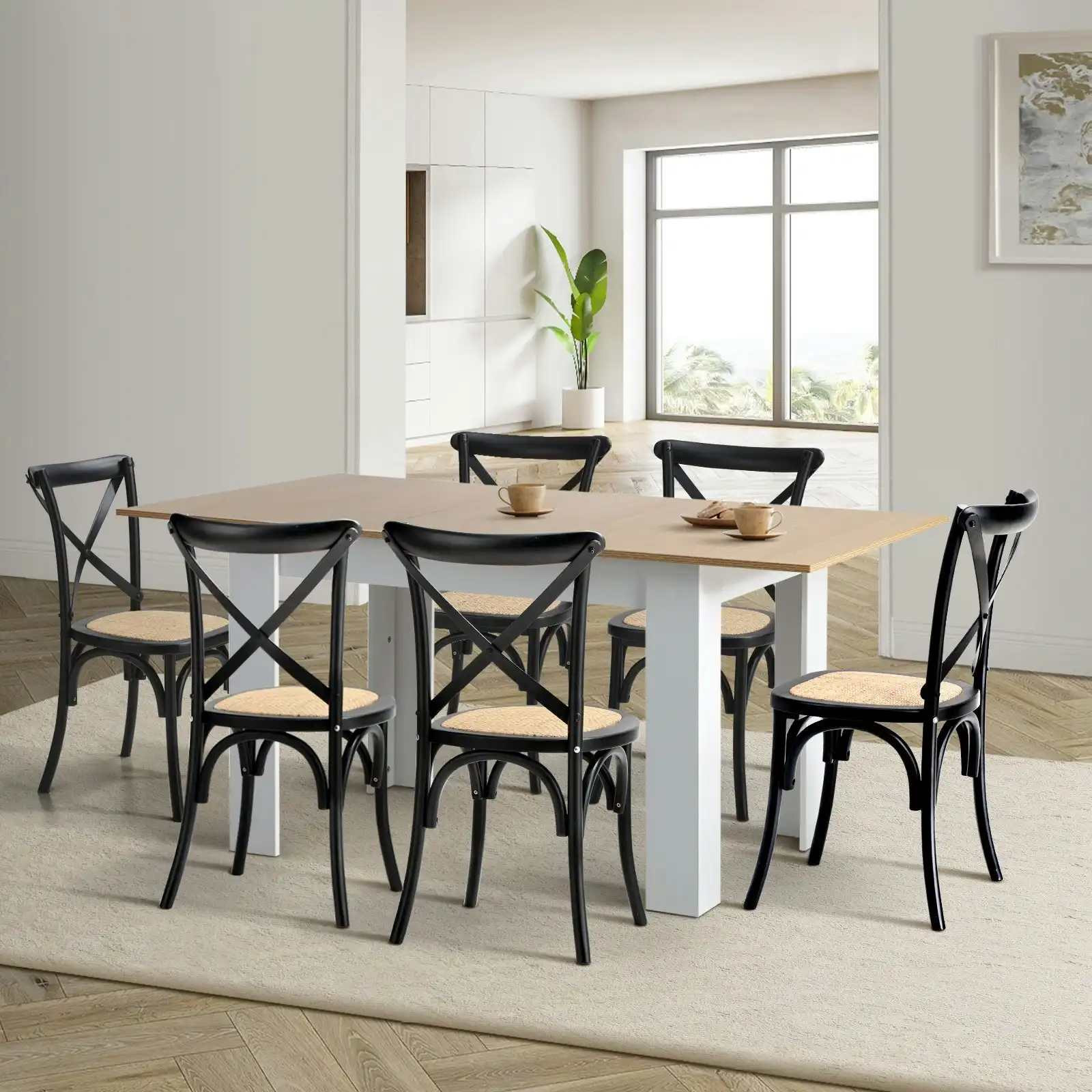 Oikiture 160cm Extendable Dining Table with 6PCS Dining Chairs Crossback Black