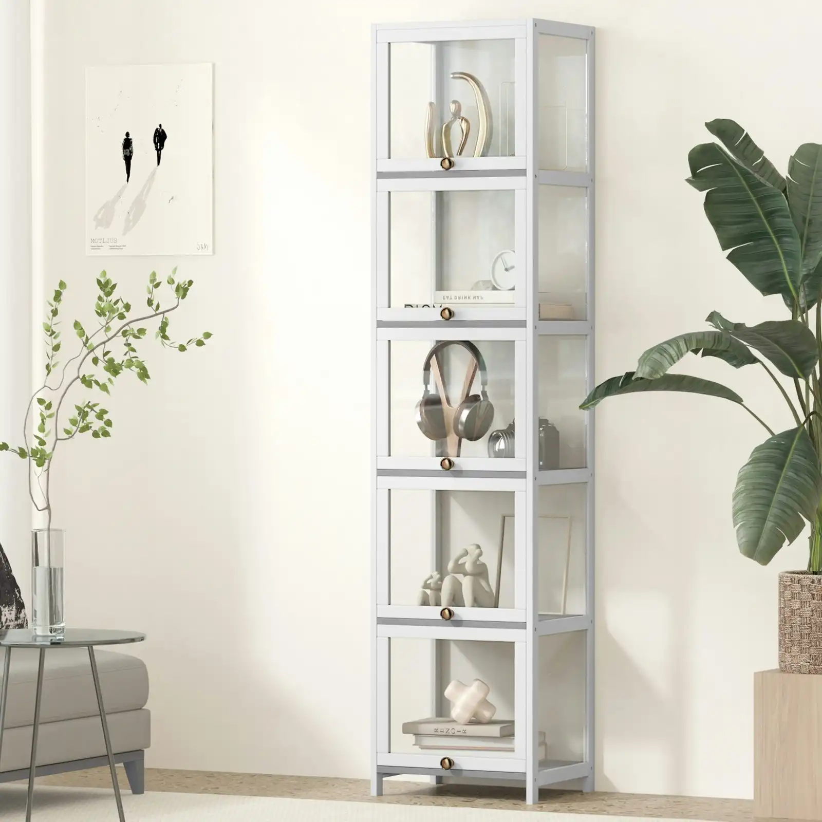 Oikiture Display Cabinet Slim Storage 5-Tier Shelves Clear Bookcase Rack White