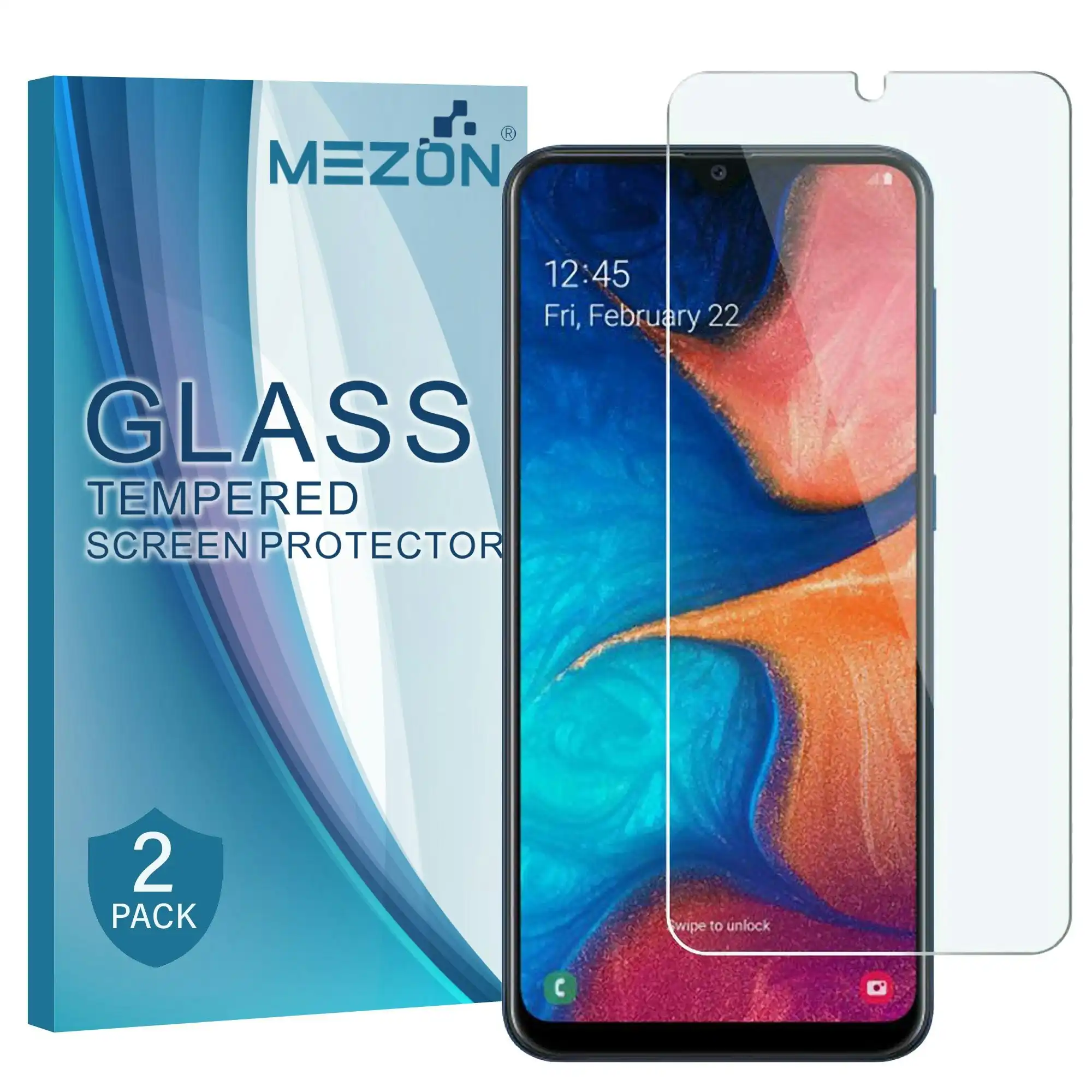 [2 Pack] MEZON Samsung Galaxy A20 Tempered Glass Crystal Clear Premium 9H HD Case Friendly Screen Protector (A20, 9H)