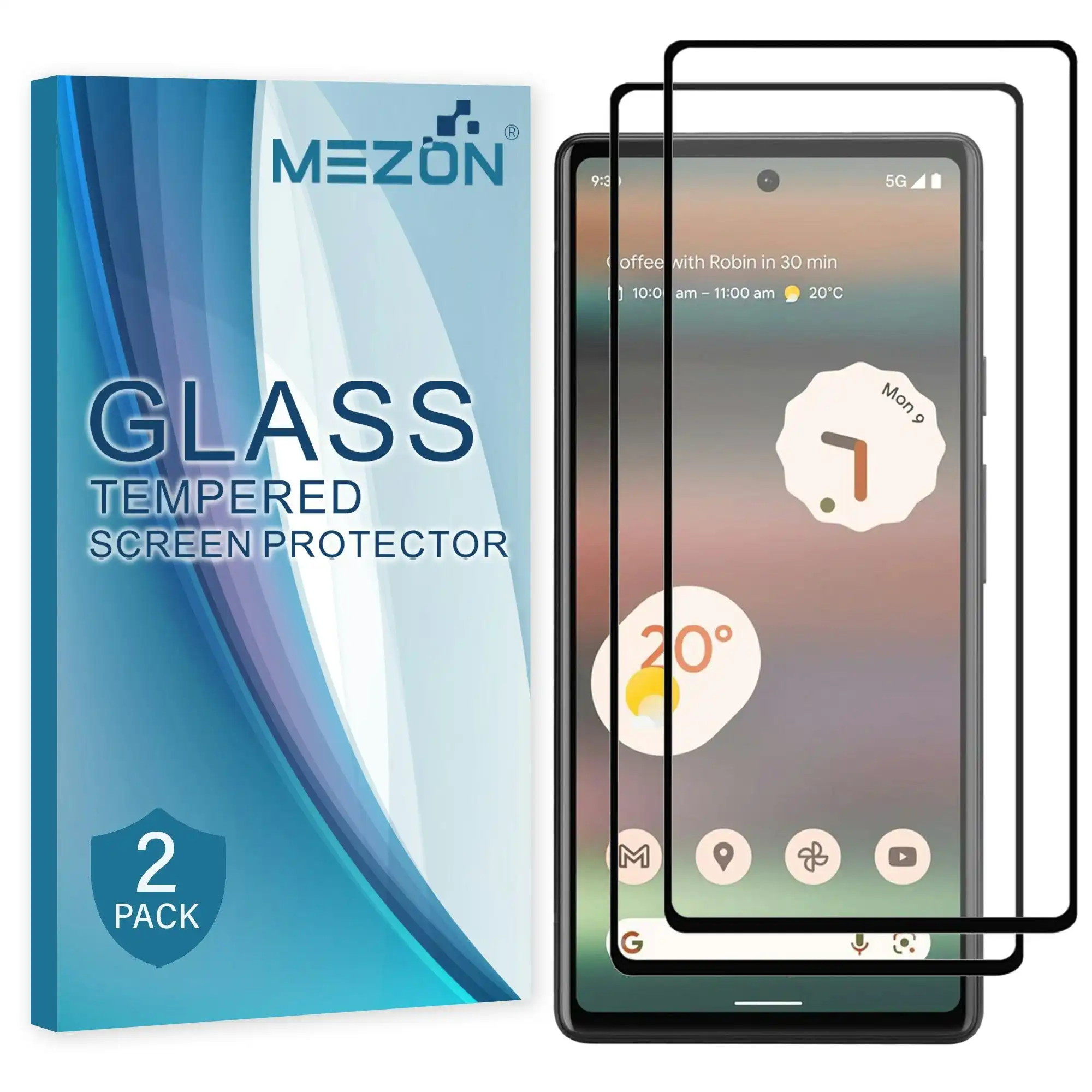 [2 Pack] MEZON Google Pixel 6a (6.1") Tempered Glass Full Coverage Crystal Clear Premium 3D Edge 9H HD Screen Protector