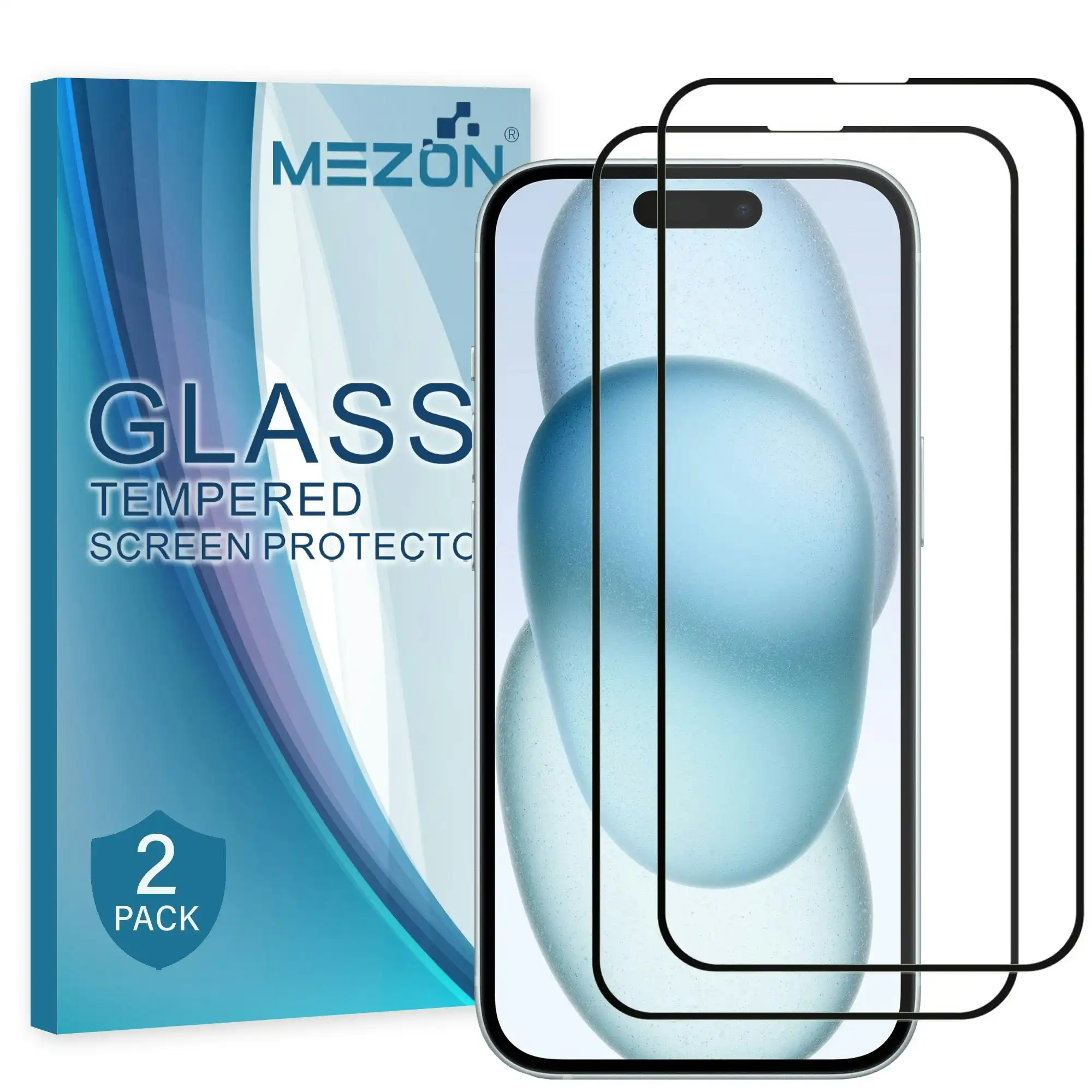 [2 Pack] MEZON Full Coverage Tempered Glass for iPhone 15 (6.1") Crystal Clear Premium 9H HD Screen Protector