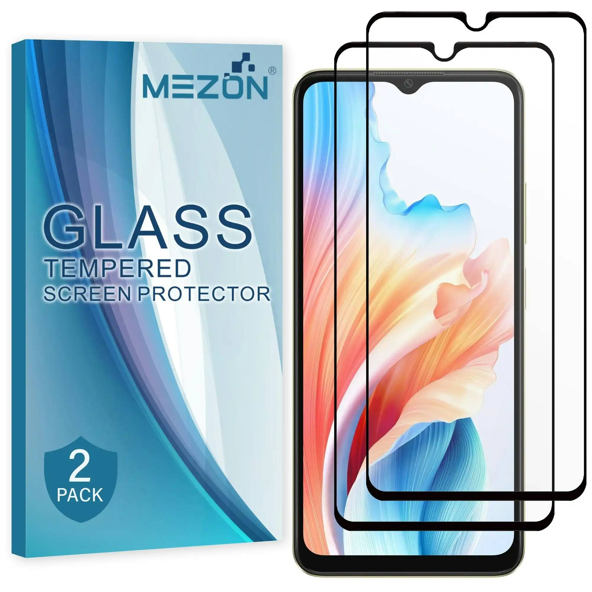 [2 Pack] MEZON Full Coverage Tempered Glass for OPPO A18 4G Crystal Clear Premium 9H HD Screen Protector (OPPO A18 4G, 9H Full)