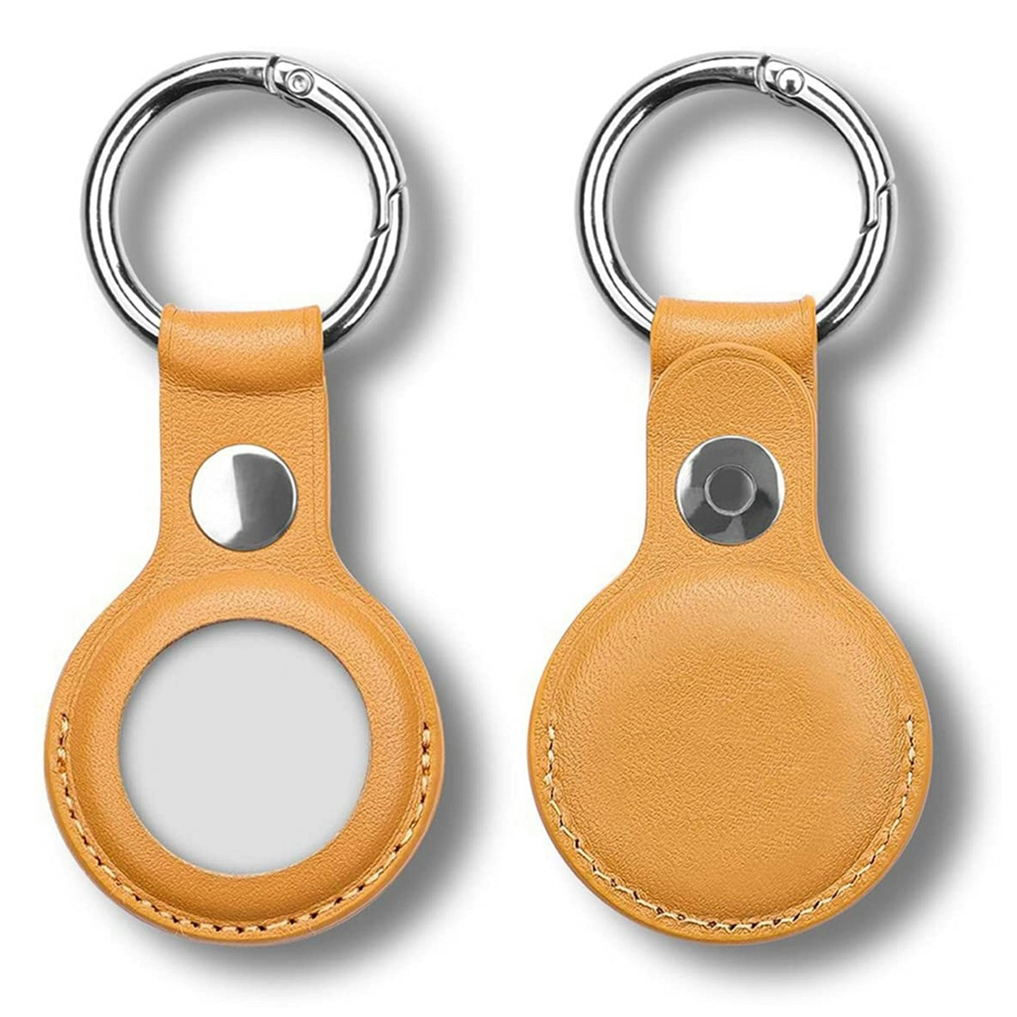 [2 Pack] MEZON Yellow PU Leather Protective Case Holder for Apple AirTag Tracker with Keychain Ring (Leather, 2x Yellow)