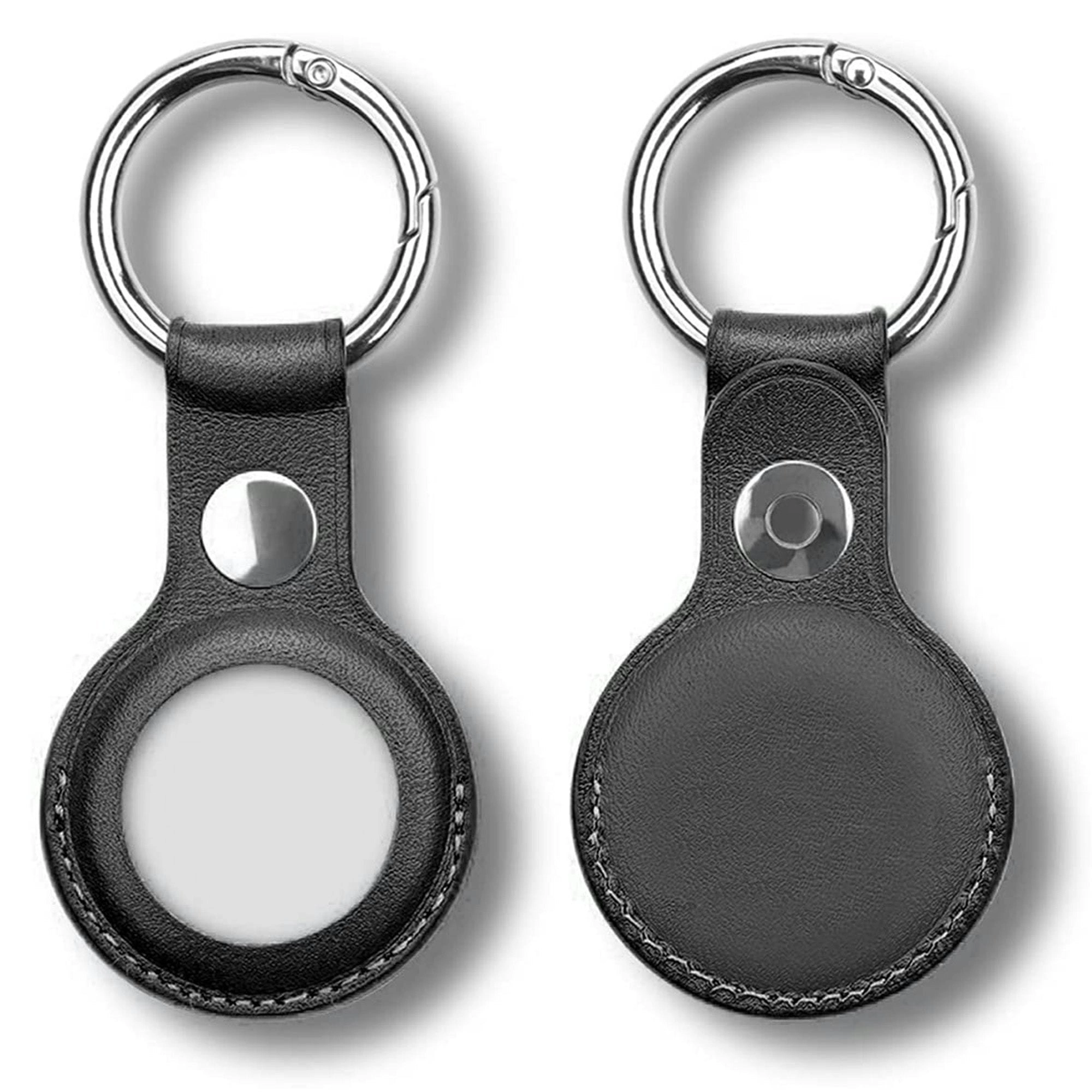 [2 Pack] MEZON Black PU Leather Protective Case Holder for Apple AirTag Tracker with Keychain Ring (Leather, 2x Black)