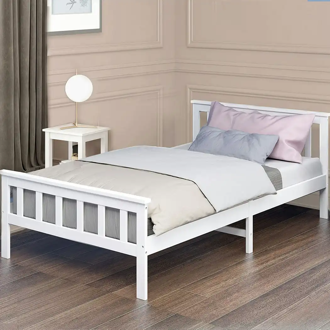 Levede Wooden Bed Frame King Single Size Mattress Base Solid  Pine Wood White