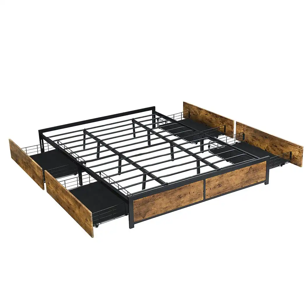 Levede Metal Bed Frame Mattress Base Platform Wooden 4 Drawers King Rustic