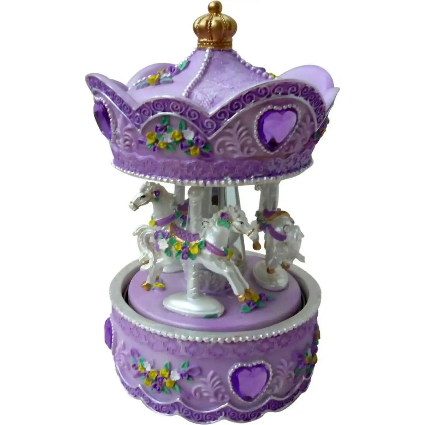 Cotton Candy - Musical Wind Up 3 Horse Carousel Mauve With Flower Detailing 6-inch