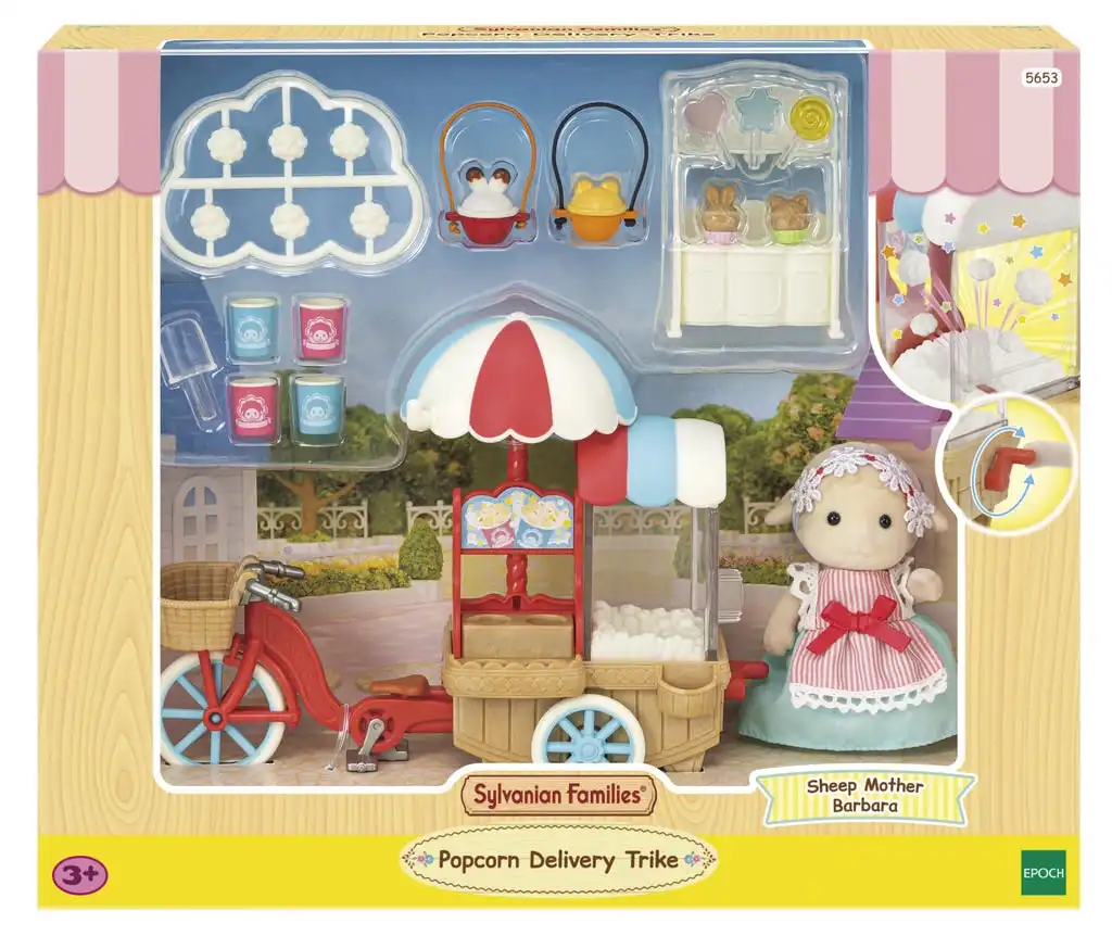Sylvanian Families - Popcorn Delivery Trike With Sheep Mother Barbara Animal Doll Playset