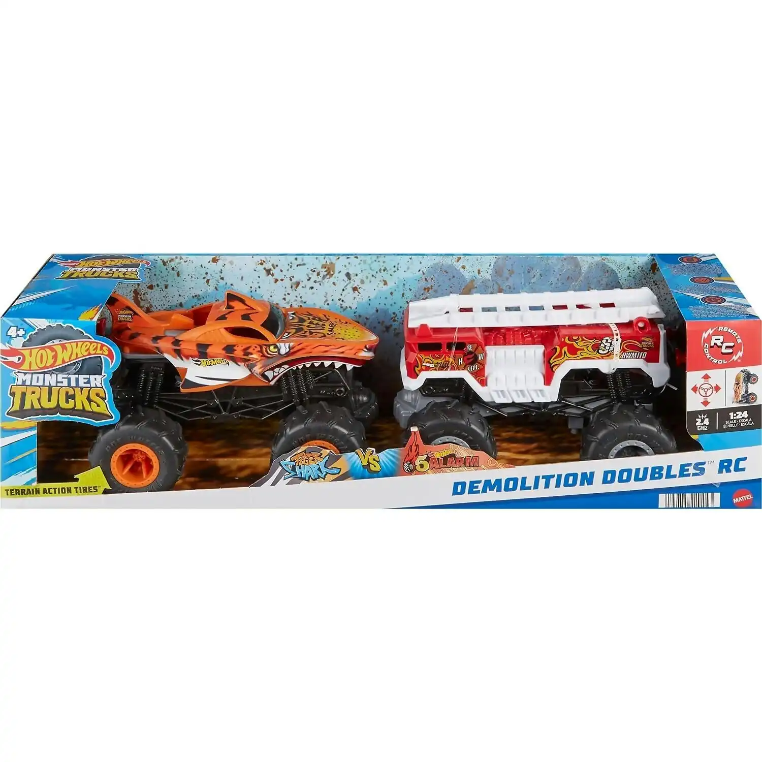 Hot Wheels - Monster Trucks 1:24 Scale Battery-powered Rc Trucks 5-alarm & Tiger Shark Set Of 2 - Mattel