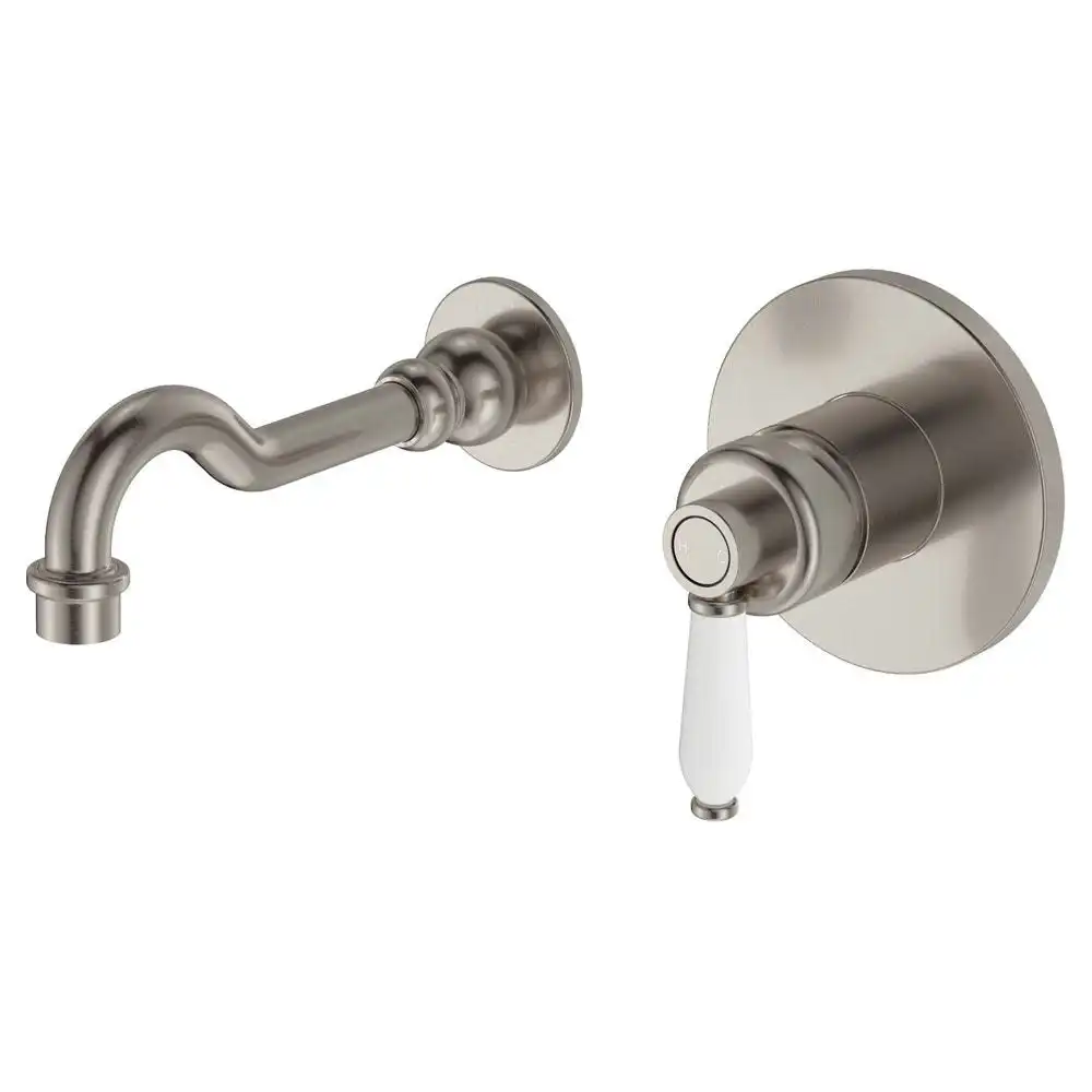 Fienza Eleanor Wall Basin/ Bath Mixer Set Brushed Nickel with White Ceramic Handle 202106BN