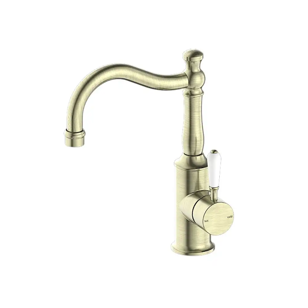 Nero York Basin Mixer Hook Spout With White Porcelain Lever Aged Brass NR69210201AB