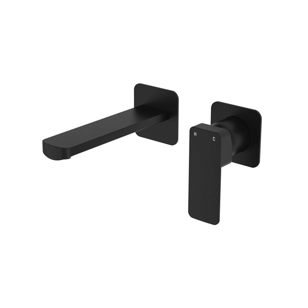 Fienza Tono Basin/Bath Wall Mixer 160 mm Outlet Set Small Square Plates Matte Black 233104B