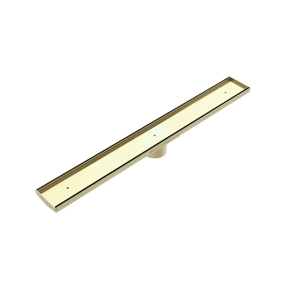 Nero Tile Insert V Channel 900mm Long Floor Grate 89mm Outlet With Hole Saw Brushed Gold NRFG001HSBG