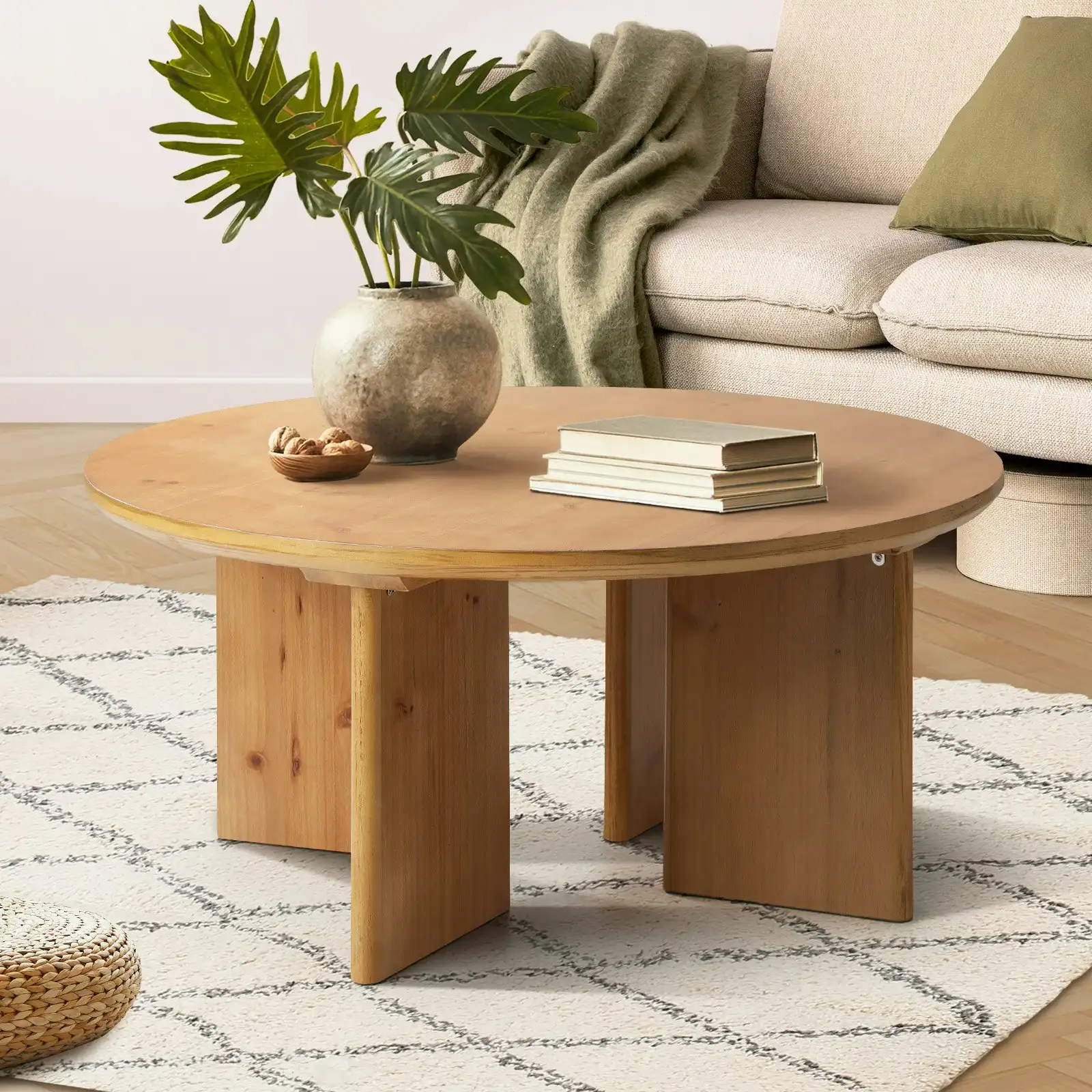 Oikiture Coffee Table Round Side End Tables Sofa Cafe Desk Wooden Natural