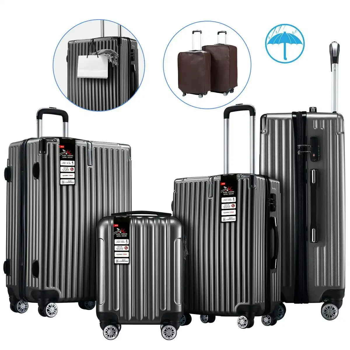Buon Viaggio Luggage Suitcase Set 4 Piece Hard Shell Traveller Bag Carry On Rolling Trolley Checked TSA Lock Front Hook Lightweight Iron Grey