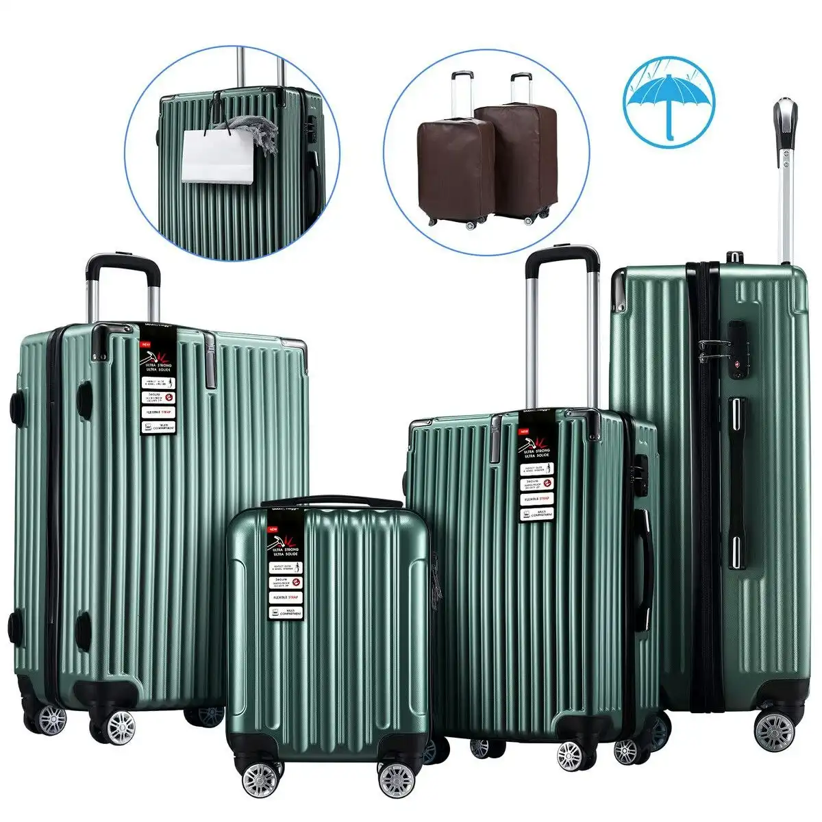 Buon Viaggio 4 Piece Luggage Set Carry On Suitcase Traveller Bag Hard Shell Rolling Trolley Checked TSA Lock Front Hook Lightweight Dark Green
