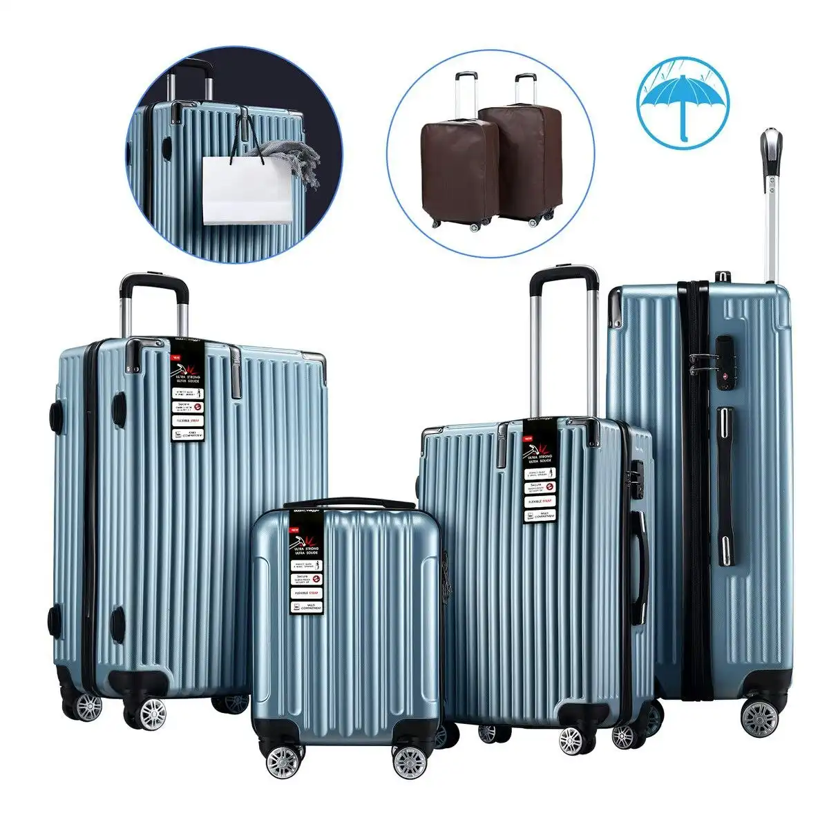 Ausway 4 Piece Luggage Suitcase Set Carry On Traveller Bag Hard Shell Rolling Trolley Checked TSA Lock Front Hook Lightweight Ice Blue