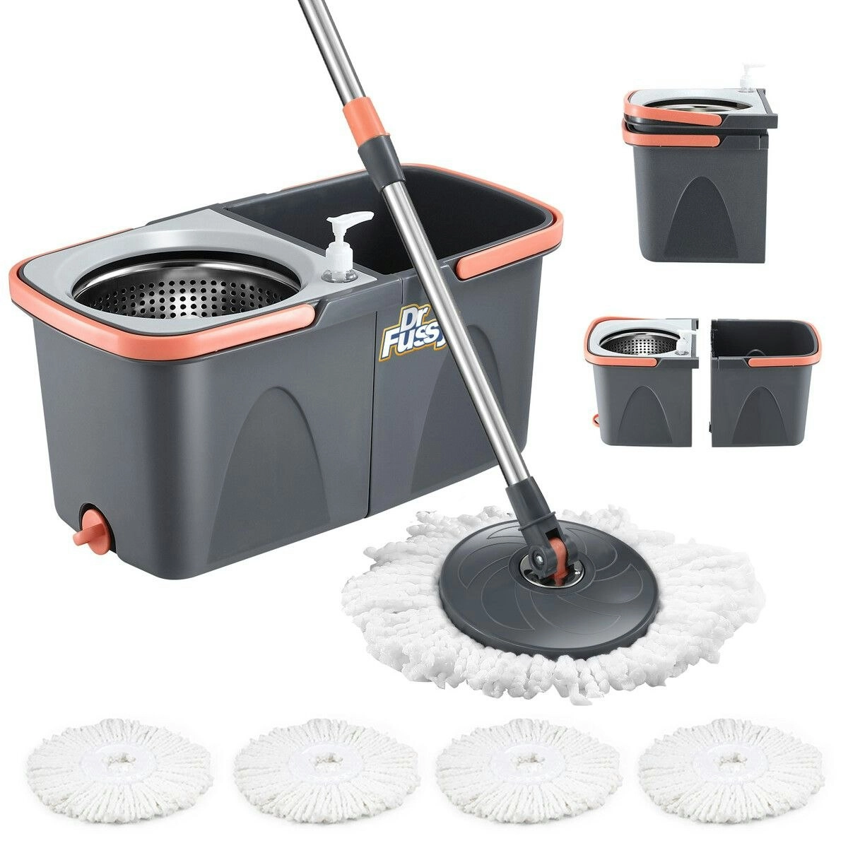 Dr FUSSY Spin Mop and Twin Bucket Set Tile Wood Floor Cleaner 4 Microfibre Heads Magic Dry Twist Separate Stackable Cleaning System