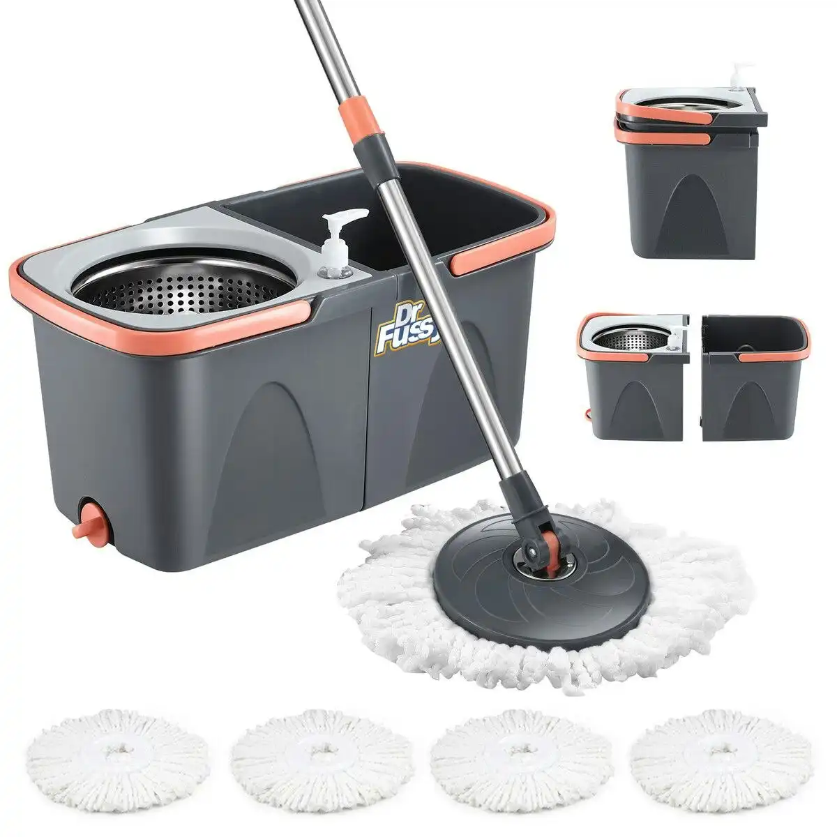 Dr FUSSY Spin Mop and Twin Bucket Set Tile Wood Floor Cleaner 4 Microfibre Heads Magic Dry Twist Separate Stackable Cleaning System
