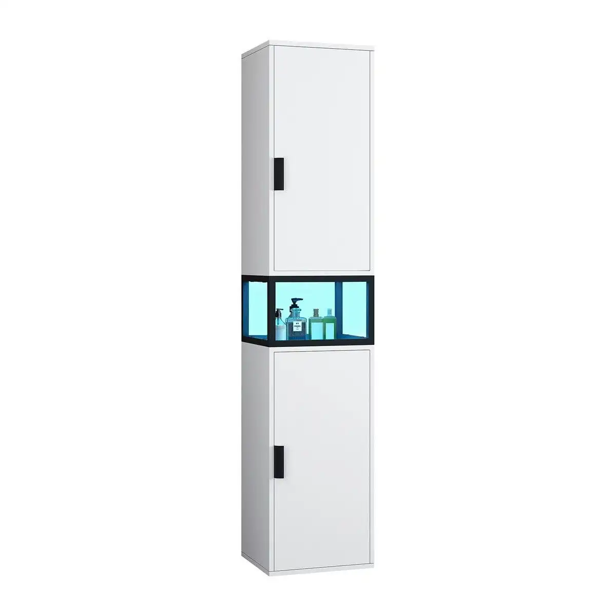 LUXSUITE Bathroom Storage Cabinet Shower Medicine Organiser Shelves Display Cupboard Tall Narrow Corner Floor Unit Tallboy Furniture LED Light 2 Doors White