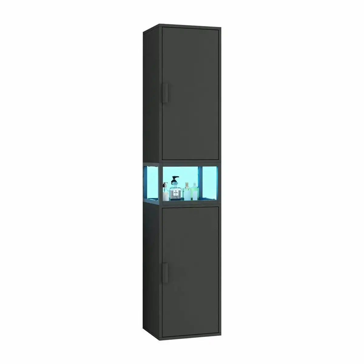 LUXSUITE Bathroom Storage Cabinet Medicine Shower Organiser Cupboard Shelves Corner Tall Narrow Floor Display Unit Tallboy 2 Doors LED Light Black