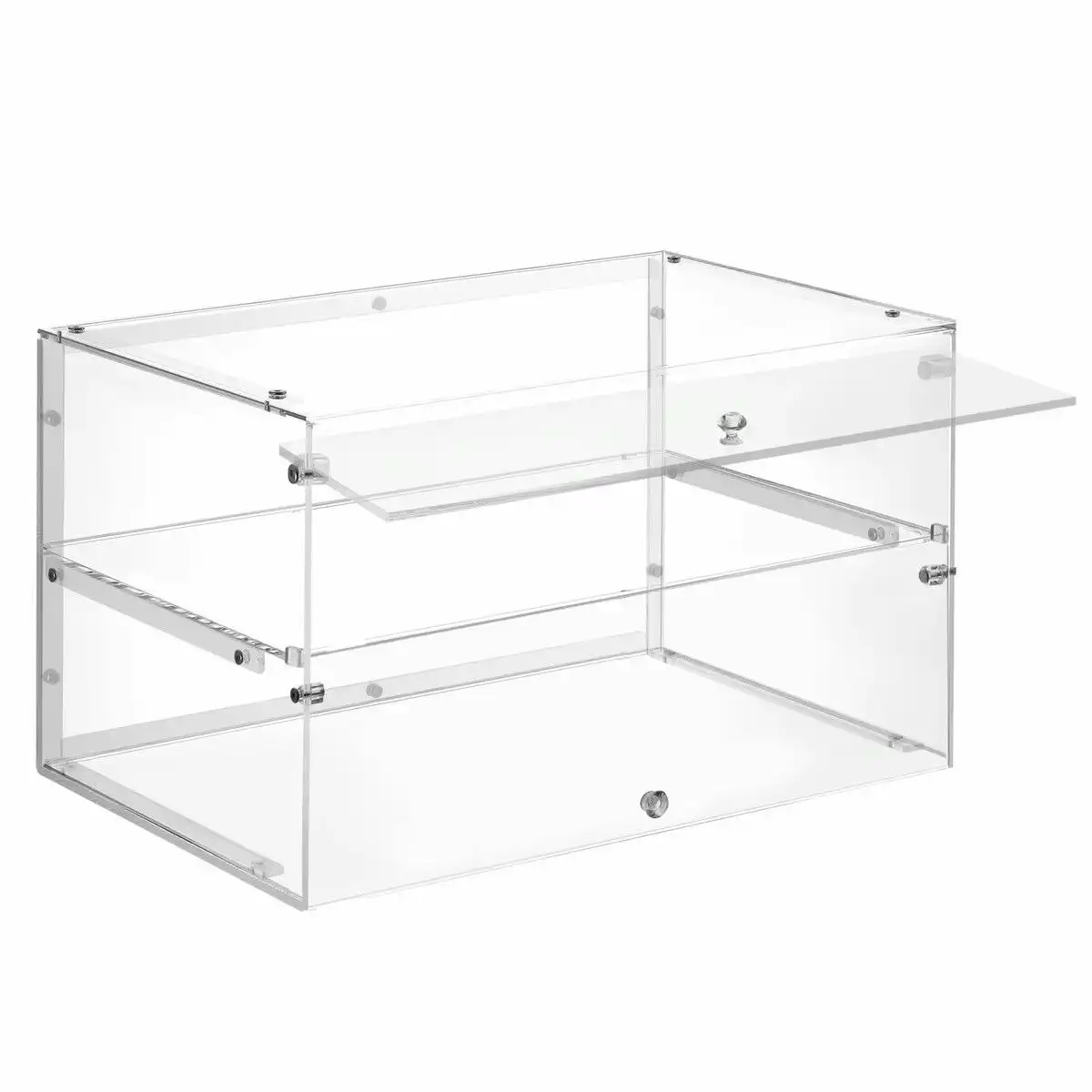 LUXSUITE Cake Cabinet Display Cupcake Shelf 2 Tier Unit Acrylic Bakery Case Stand Muffin Donut Pastry Model Toy Showcase Countertop Flip-up Door 5mm