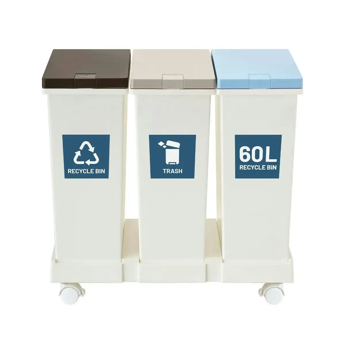 LUXSUITE 60L Rubbish Trash Bin 3 Compartment Kitchen Compost Dustbin Trash Garbage Waste Recycling Can White Large Plastic