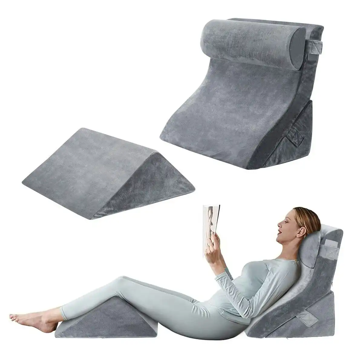 Luxdream 4 Pcs Bed Wedge Pillow Set Neck Back Head Leg Support Velvet Fabric Adjustable Triangular Cushion Memory Foam
