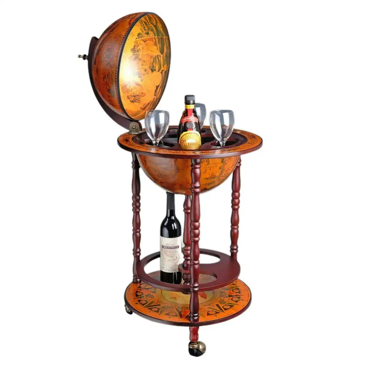 LUXSUITE Antique Globe Bar Cart Cabinet Alcohol Wine Drinks Coffee Serving Trolley Round Bottle Storage Mid-century 44x44x88cm