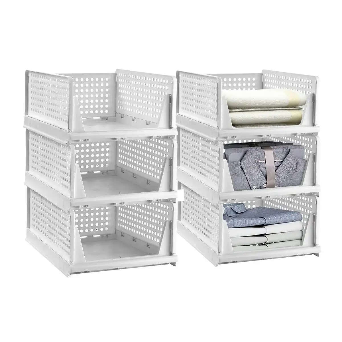 Ausway 6pcs Storage Boxes Plastic Stackable Shoe Container Handbag Closet Clothes Organizer Foldable Drawers Shelf Baskets