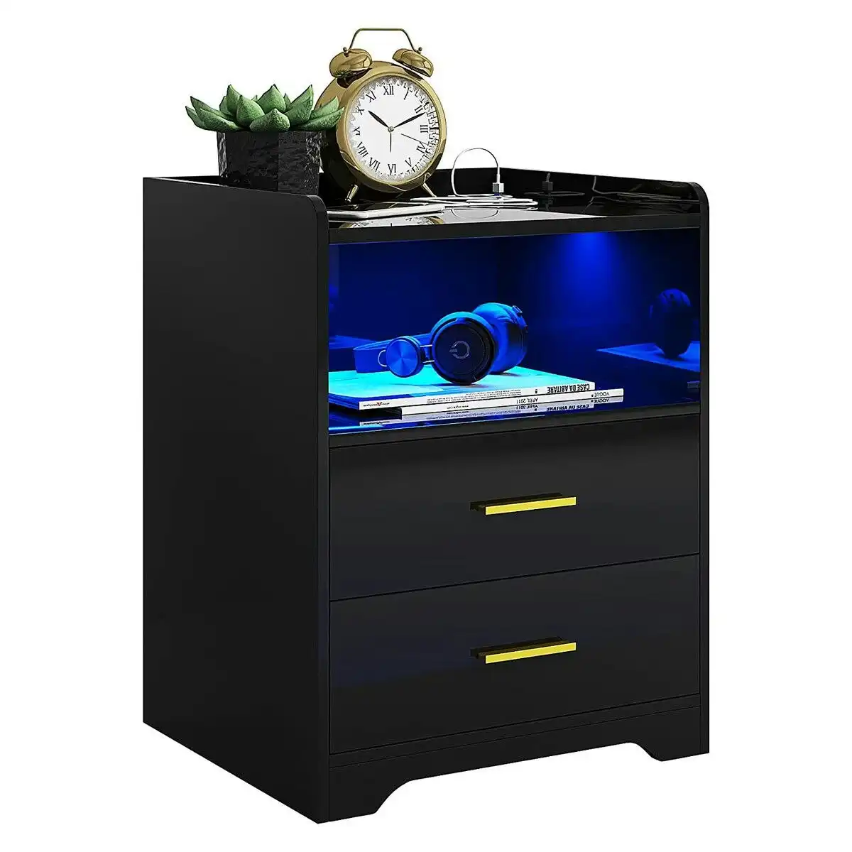 Ausway Luxsuite Smart Bedside Table Black LED Side End Nightstand Sofa Storage Cabinet Bedroom Full High Gloss 2 Drawers 1 Open Shelf USB Type-C Port Human Indu
