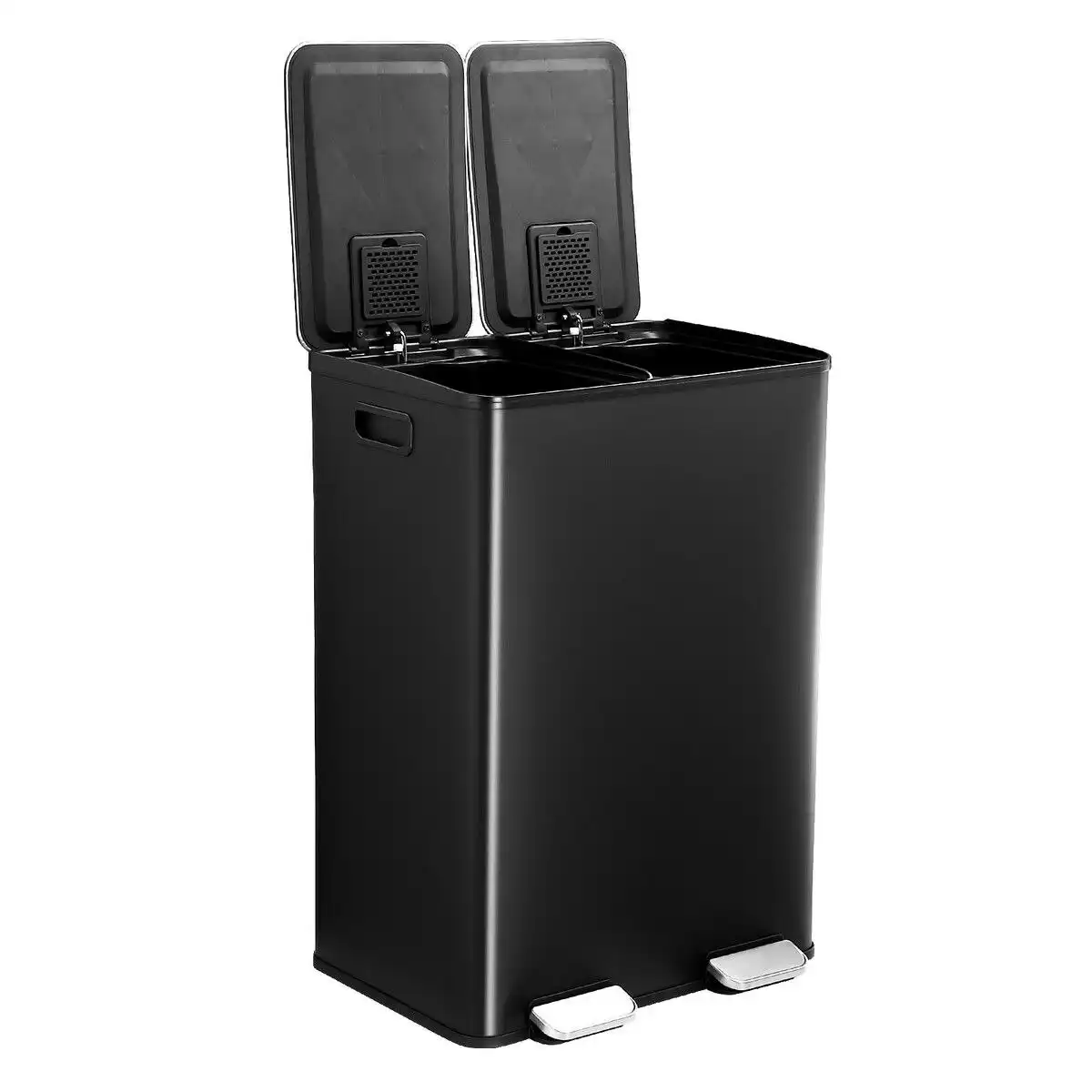 Maxkon 60L Rubbish Bin Dual Compartment Pedal Garbage Can Recycling Waste Stainless Steel Trashcan Soft Closing Lid Kitchen Black