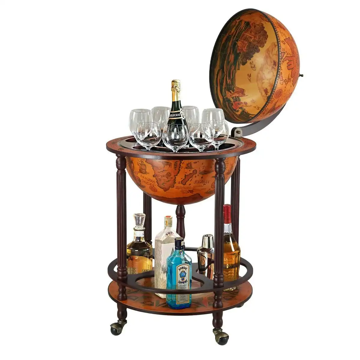 Ausway Antique Globe Bar Cabinet Mini Wine Rack Drinks Round Storage Mid-century Alcohol Trolley Cart