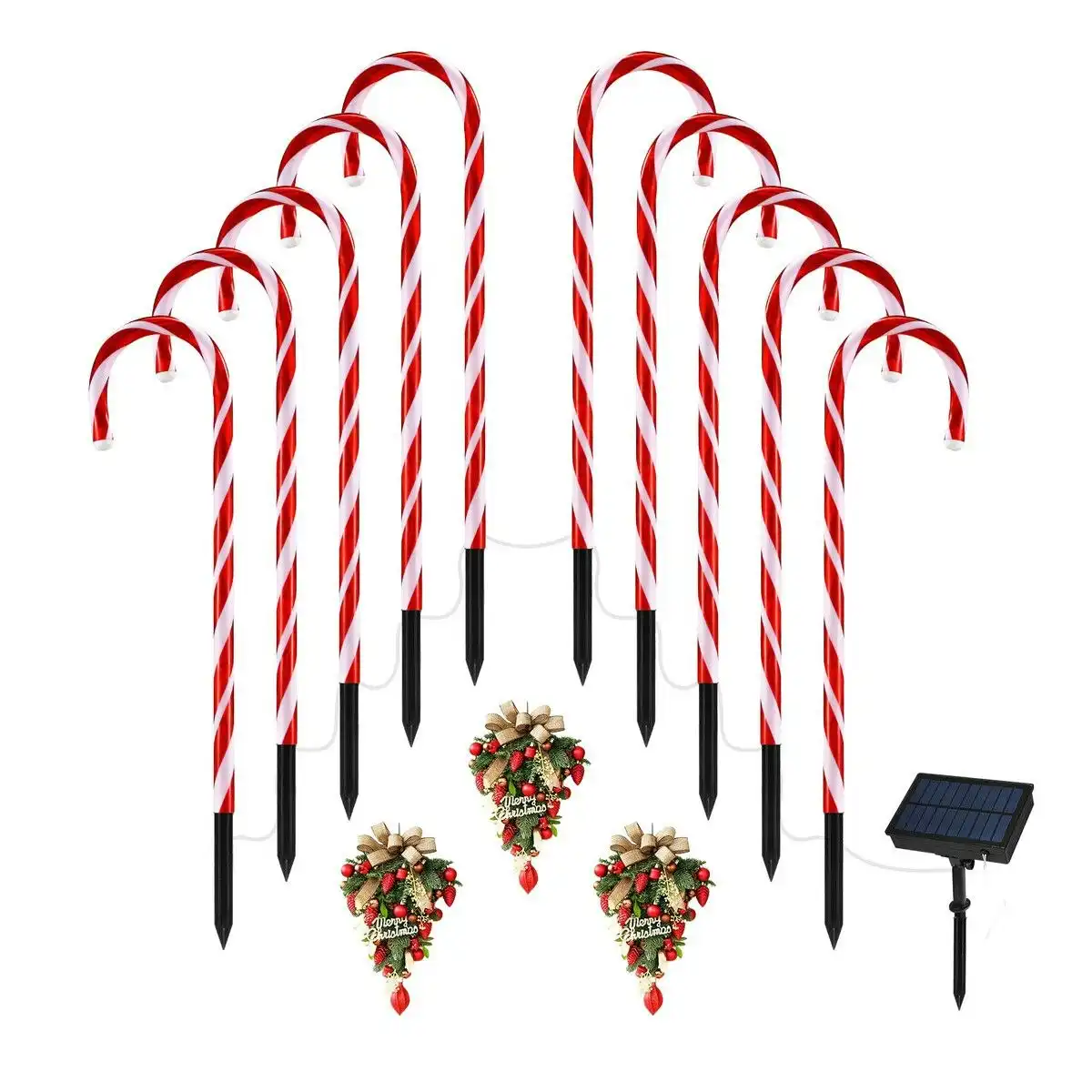Ausway Christmas Solar Light LED Candy Cane Outdoor Garden Decoration Pathway Holiday Ornament 10Pcs