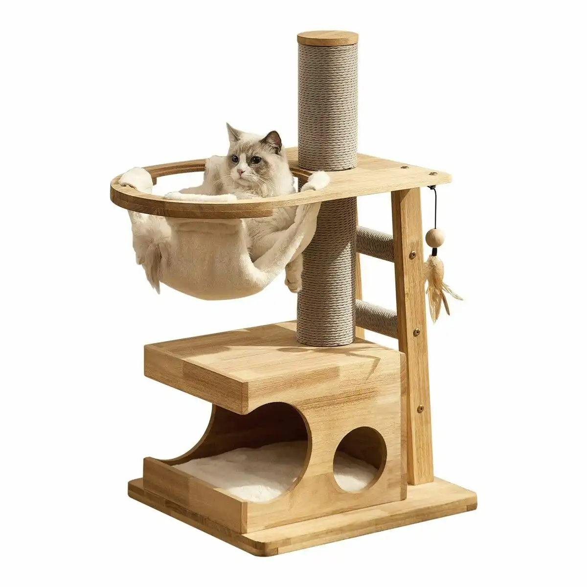 Pet Scene Cat Tree Hammock Condo Wooden Tower Sisal Scratching Post Stand Dangling Toy Feather Climbing Ladder Play Gym Pet Furniture Cushion 94cm Tall