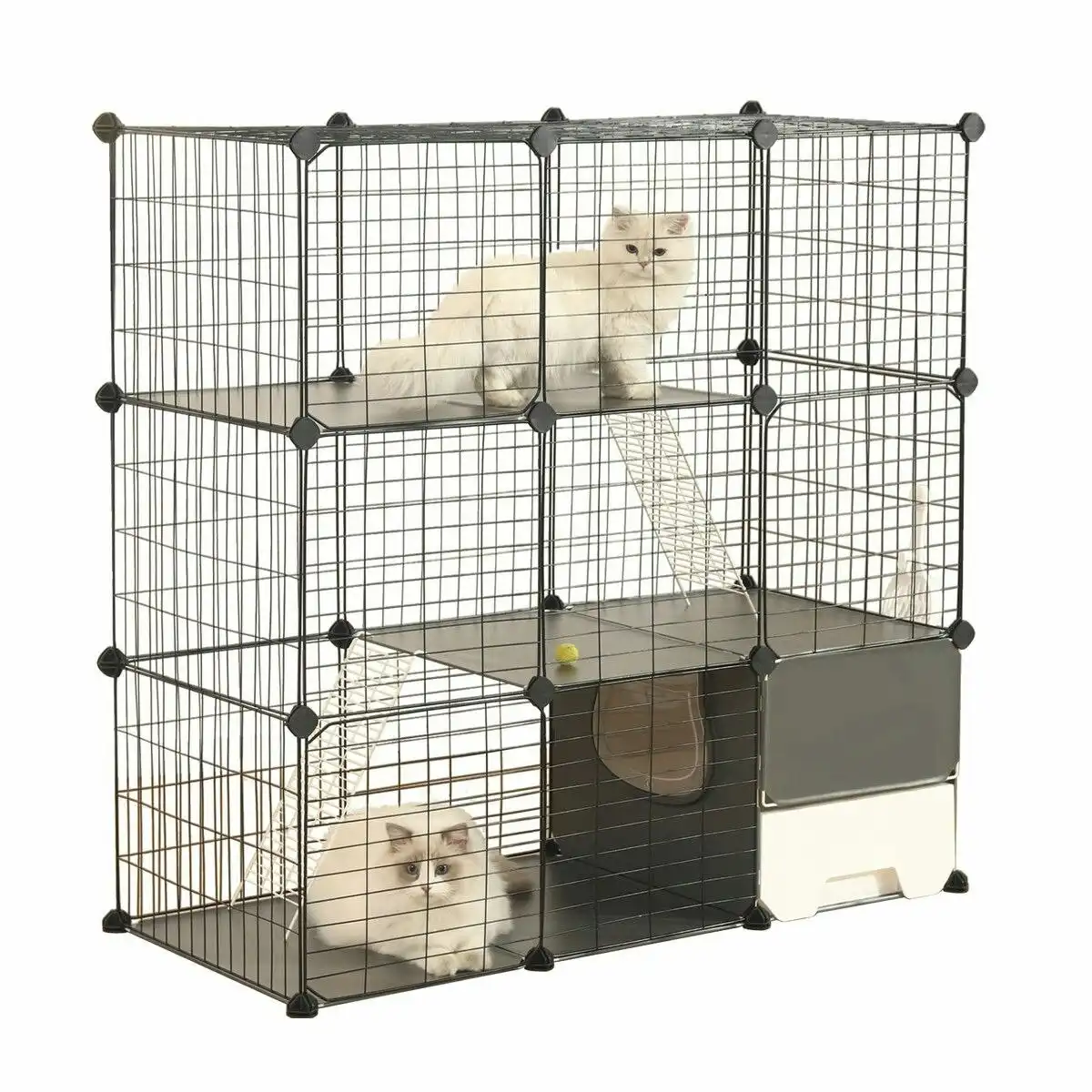 Pet Scene 3 Tier Cat Enclosure Cage Large DIY Pet Crate Rabbit Hutch Ferret Kitten Bunny House Fence Kennel Kitty Playpen with Litter Box Platforms Ramps