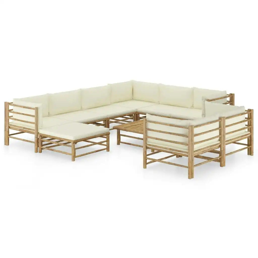 10 Piece Garden Lounge Set with Cream White Cushions Bamboo 3058221