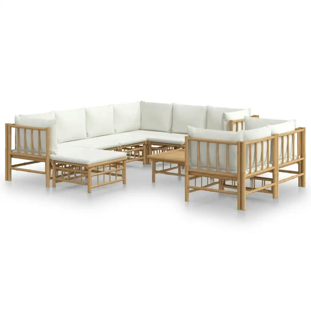 10 Piece Garden Lounge Set with Cream White Cushions  Bamboo 3155192