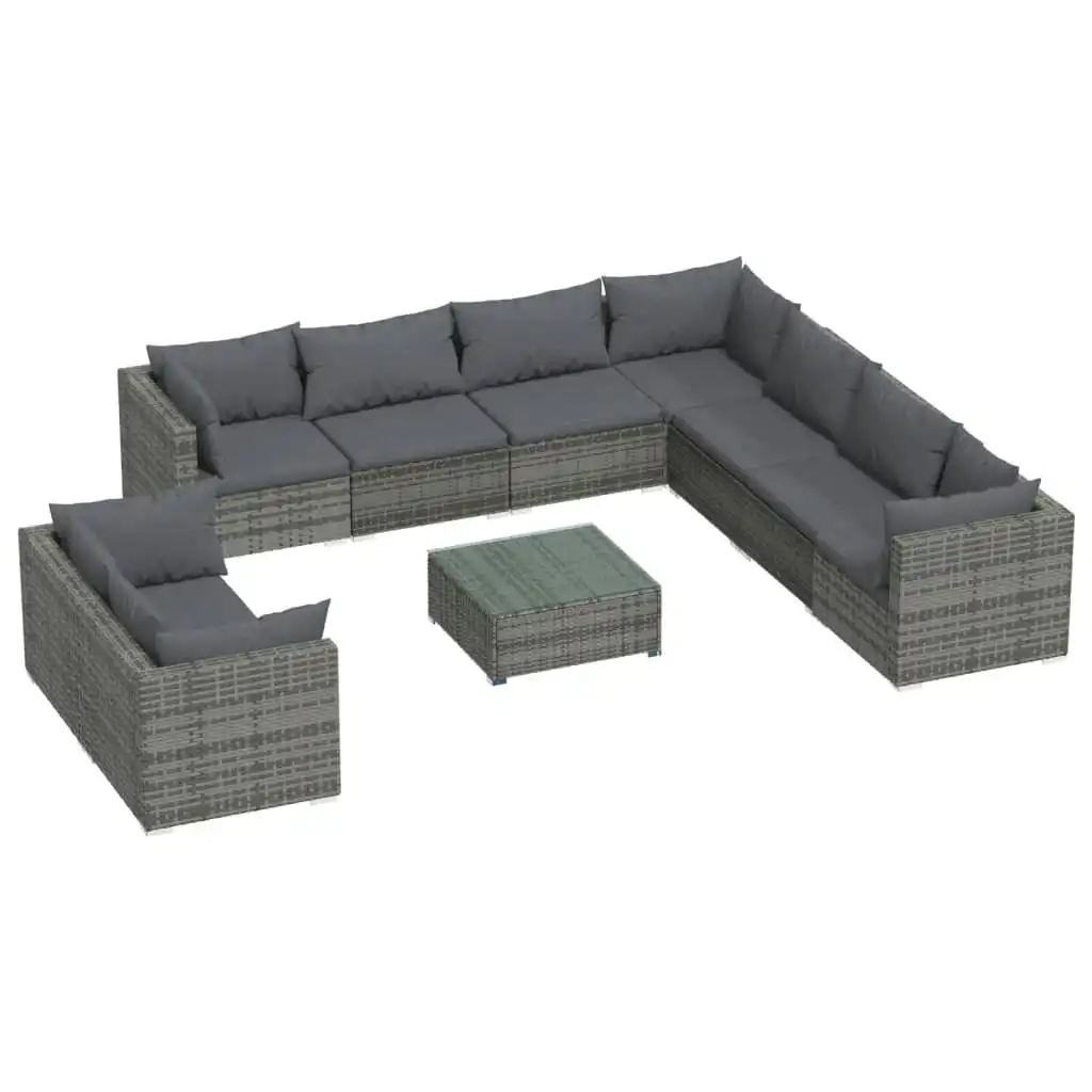 10 Piece Garden Lounge Set with Cushions Grey Poly Rattan 3102509