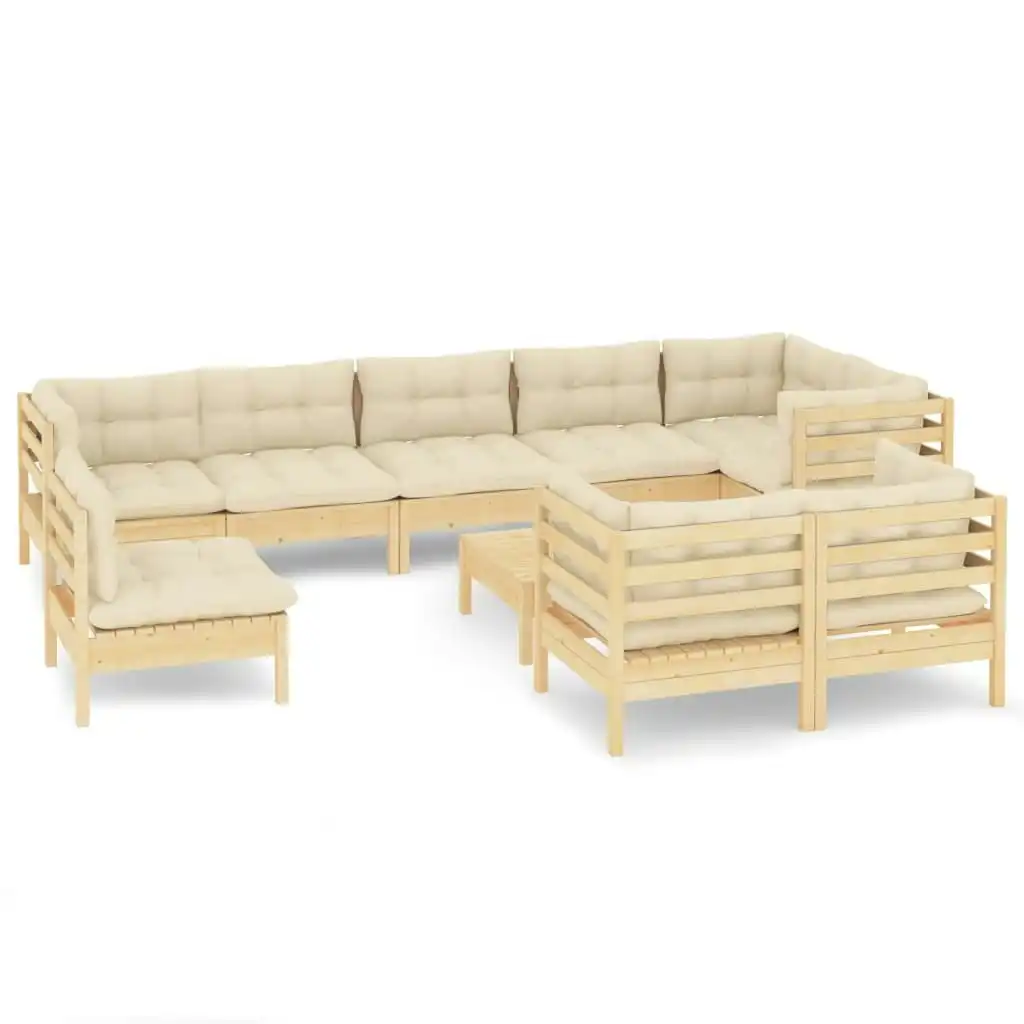 10 Piece Garden Lounge Set with Cream Cushions Solid Pinewood 3096532
