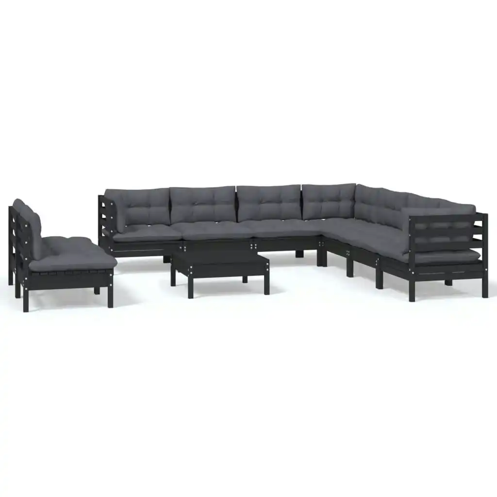 10 Piece Garden Lounge Set with Cushions Black Solid Pinewood 3096837