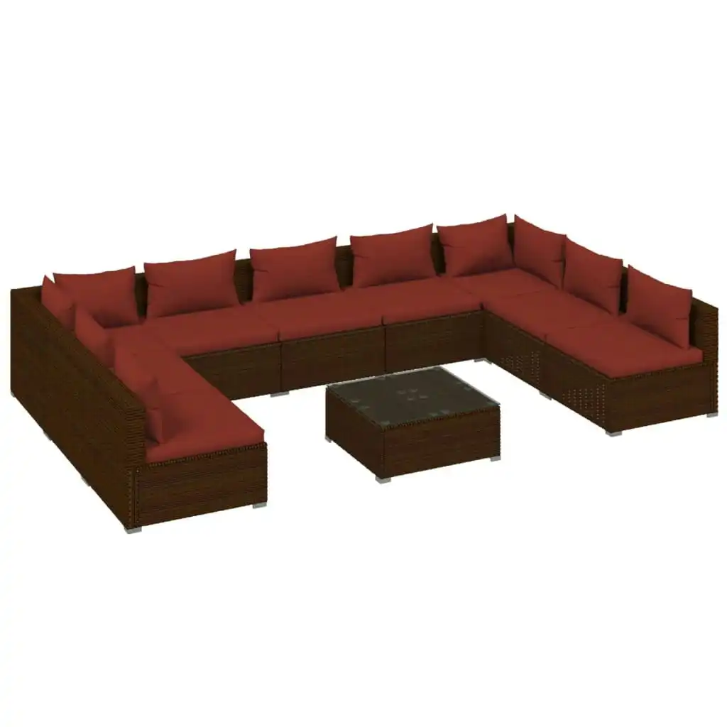10 Piece Garden Lounge Set with Cushions Poly Rattan Brown 3101915