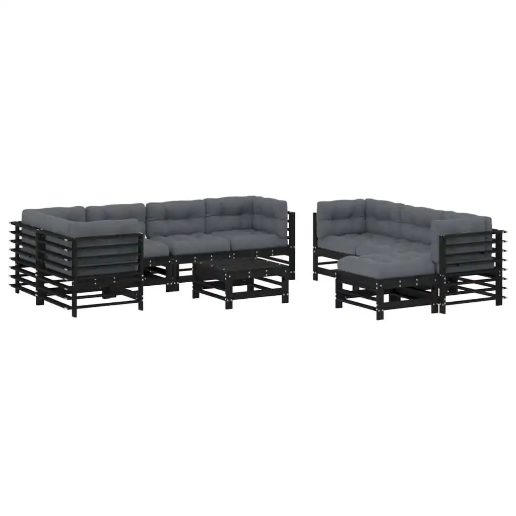 10 Piece Garden Lounge Set with Cushions Black Solid Wood 3186099