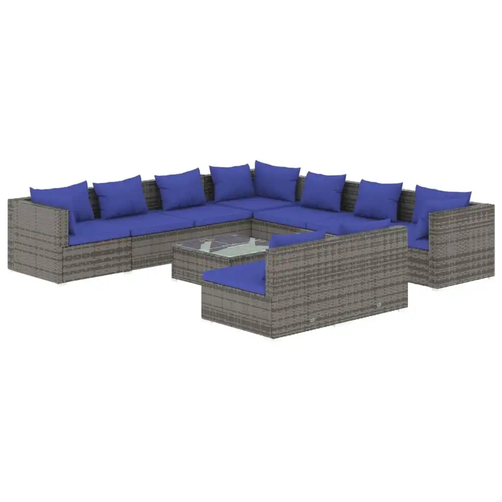 10 Piece Garden Lounge Set with Cushions Grey Poly Rattan 3102430