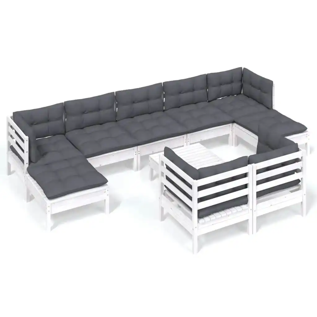 10 Piece Garden Lounge Set with Cushions White Solid Pinewood 3097134