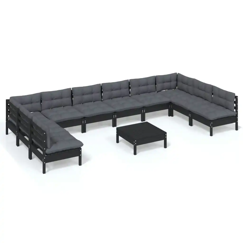 11 Piece Garden Lounge Set with Cushions Black Solid Pinewood 3097197