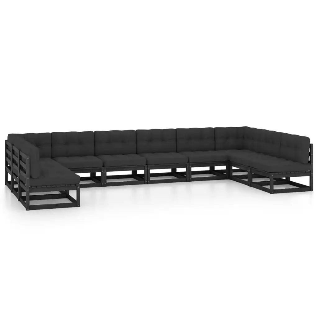 10 Piece Garden Lounge Set with Cushions Black Solid Pinewood 3077208