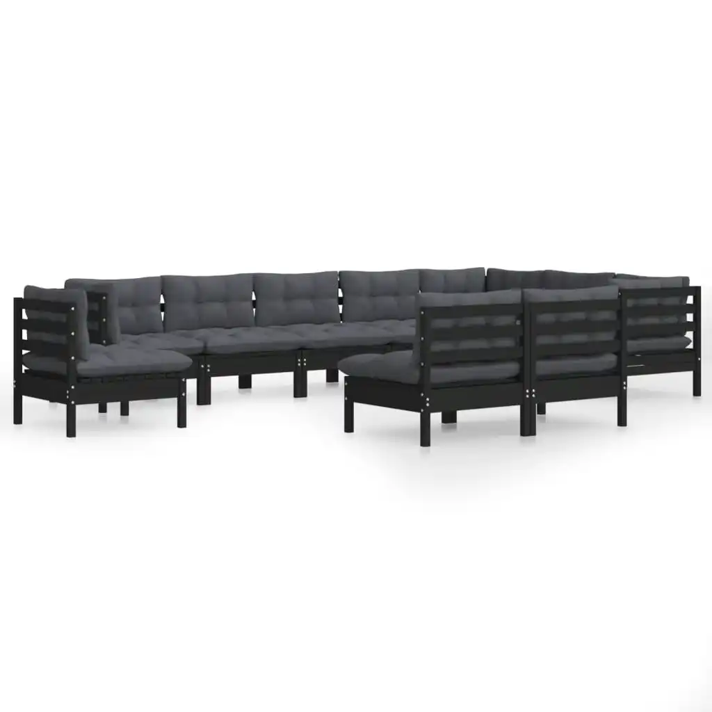 10 Piece Garden Lounge Set with Cushions Black Solid Pinewood 3096759