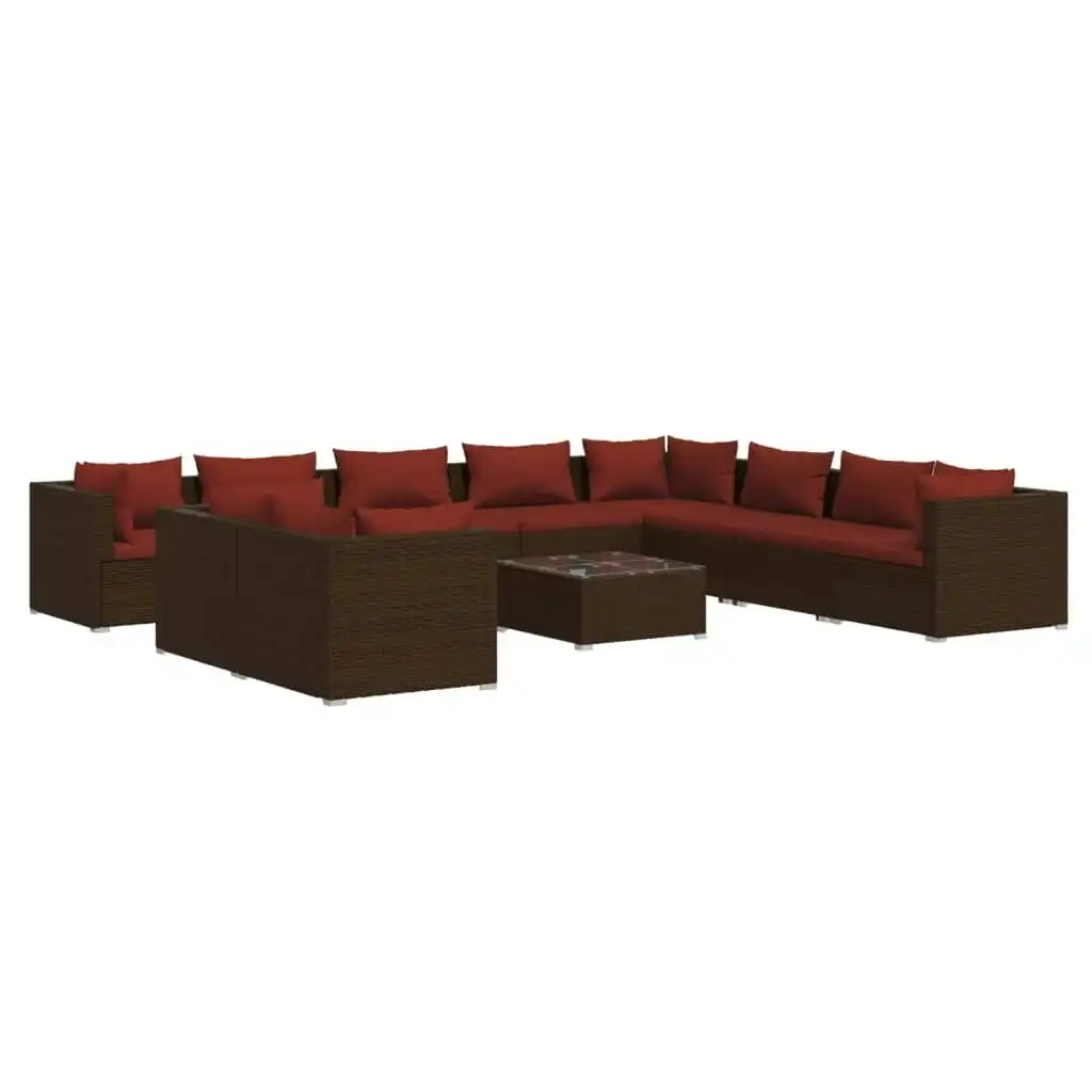 11 Piece Garden Lounge Set with Cushions Brown Poly Rattan 3102523