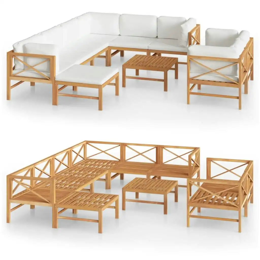 10 Piece Garden Lounge Set with Cream Cushions Solid Teak Wood 3087226